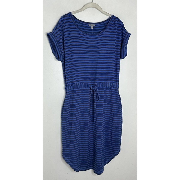 T by Talbots Womens Drawstring Waist Roll Tab Sleeves Blue Stripe Scoop Dress m - Picture 2 of 6